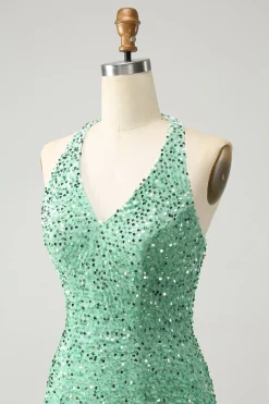 Sparkly Fuchsia Sequins Halter Vestido Curto Bodycon Homecoming com Tassels