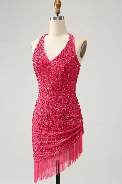Sparkly Fuchsia Sequins Halter Vestido Curto Bodycon Homecoming com Tassels