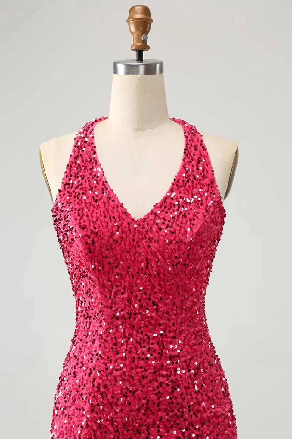 Sparkly Fuchsia Sequins Halter Vestido Curto Bodycon Homecoming com Tassels