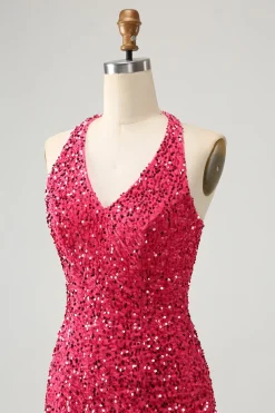 Sparkly Fuchsia Sequins Halter Vestido Curto Bodycon Homecoming com Tassels