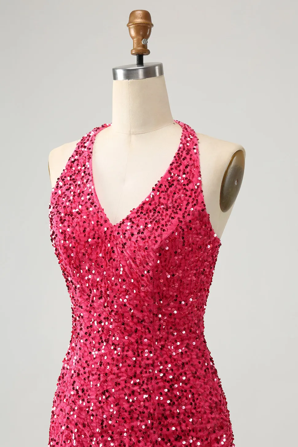 Sparkly Fuchsia Sequins Halter Vestido Curto Bodycon Homecoming com Tassels