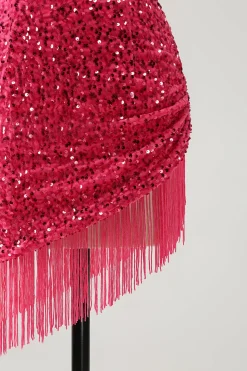 Sparkly Fuchsia Sequins Halter Vestido Curto Bodycon Homecoming com Tassels