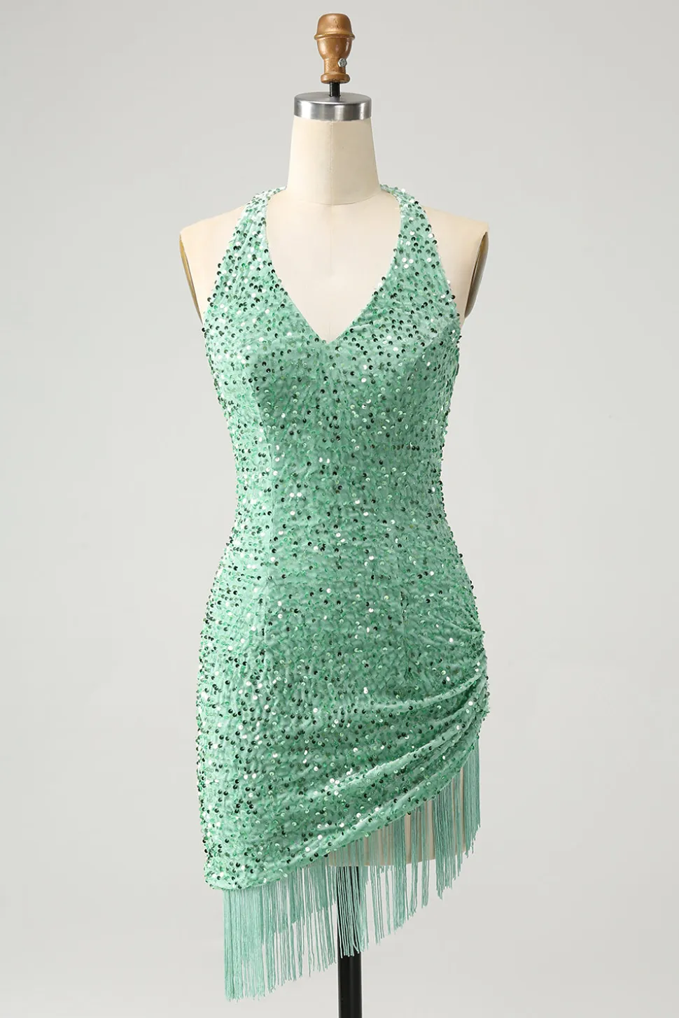Sparkly Fuchsia Sequins Halter Vestido Curto Bodycon Homecoming com Tassels