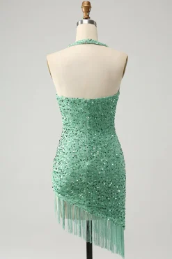 Sparkly Fuchsia Sequins Halter Vestido Curto Bodycon Homecoming com Tassels