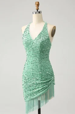 Sparkly Fuchsia Sequins Halter Vestido Curto Bodycon Homecoming com Tassels