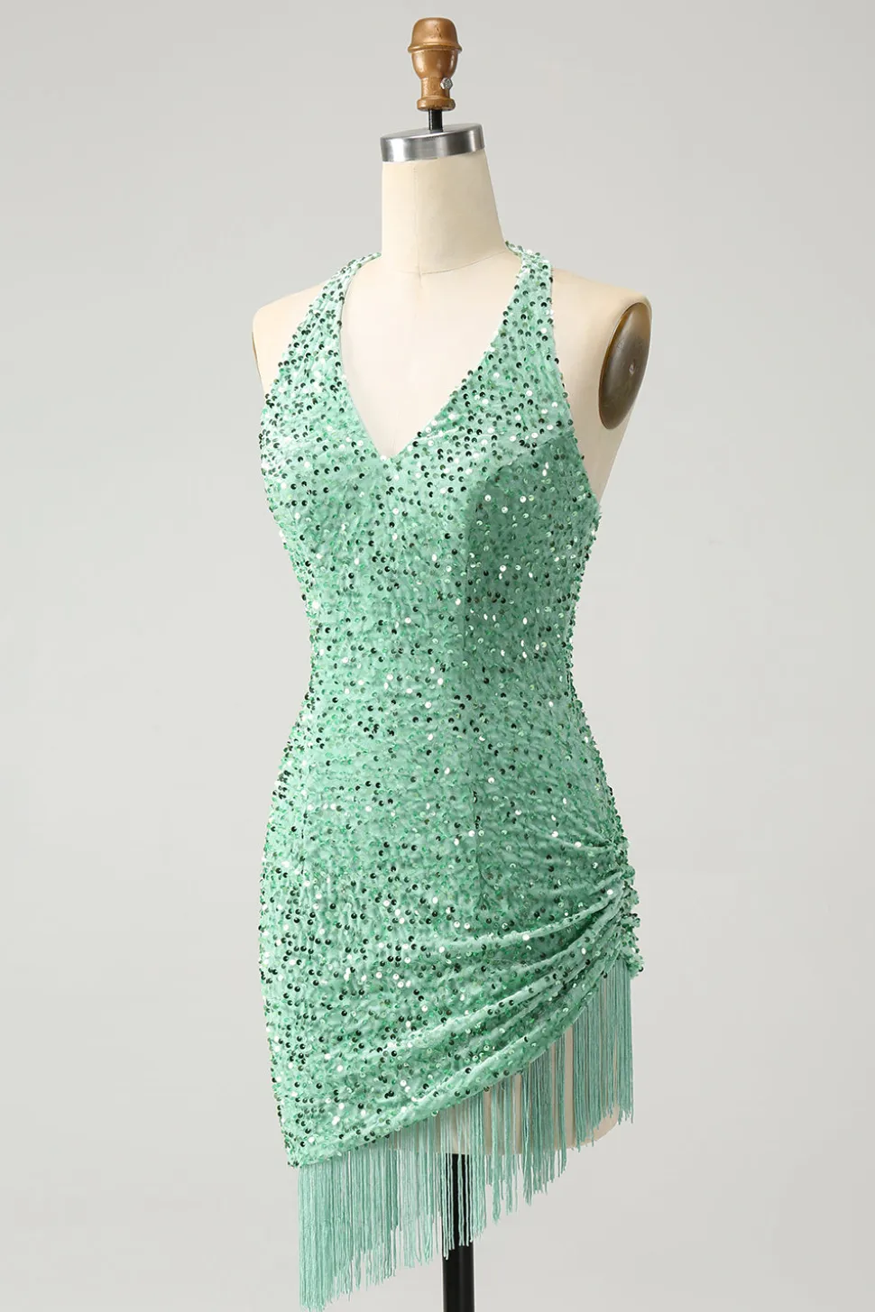 Sparkly Fuchsia Sequins Halter Vestido Curto Bodycon Homecoming com Tassels