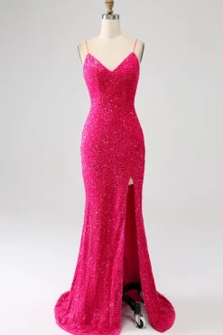 Sparkly Fuchsia Sereia Esparguete Correias V-Neck Lantejoulas Long Prom Dress With Split