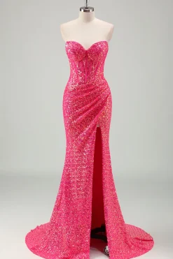 Sparkly Fuchsia Sereia Espartilho sem alças Sequins Long Prom Dress com fenda