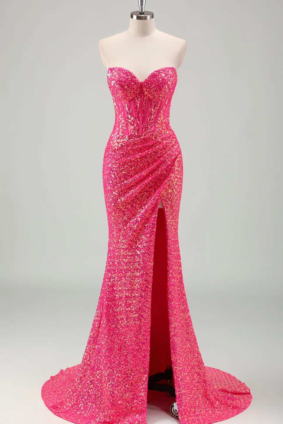 Sparkly Fuchsia Sereia Espartilho sem alças Sequins Long Prom Dress com fenda