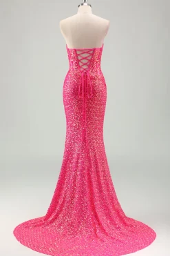Sparkly Fuchsia Sereia Espartilho sem alças Sequins Long Prom Dress com fenda