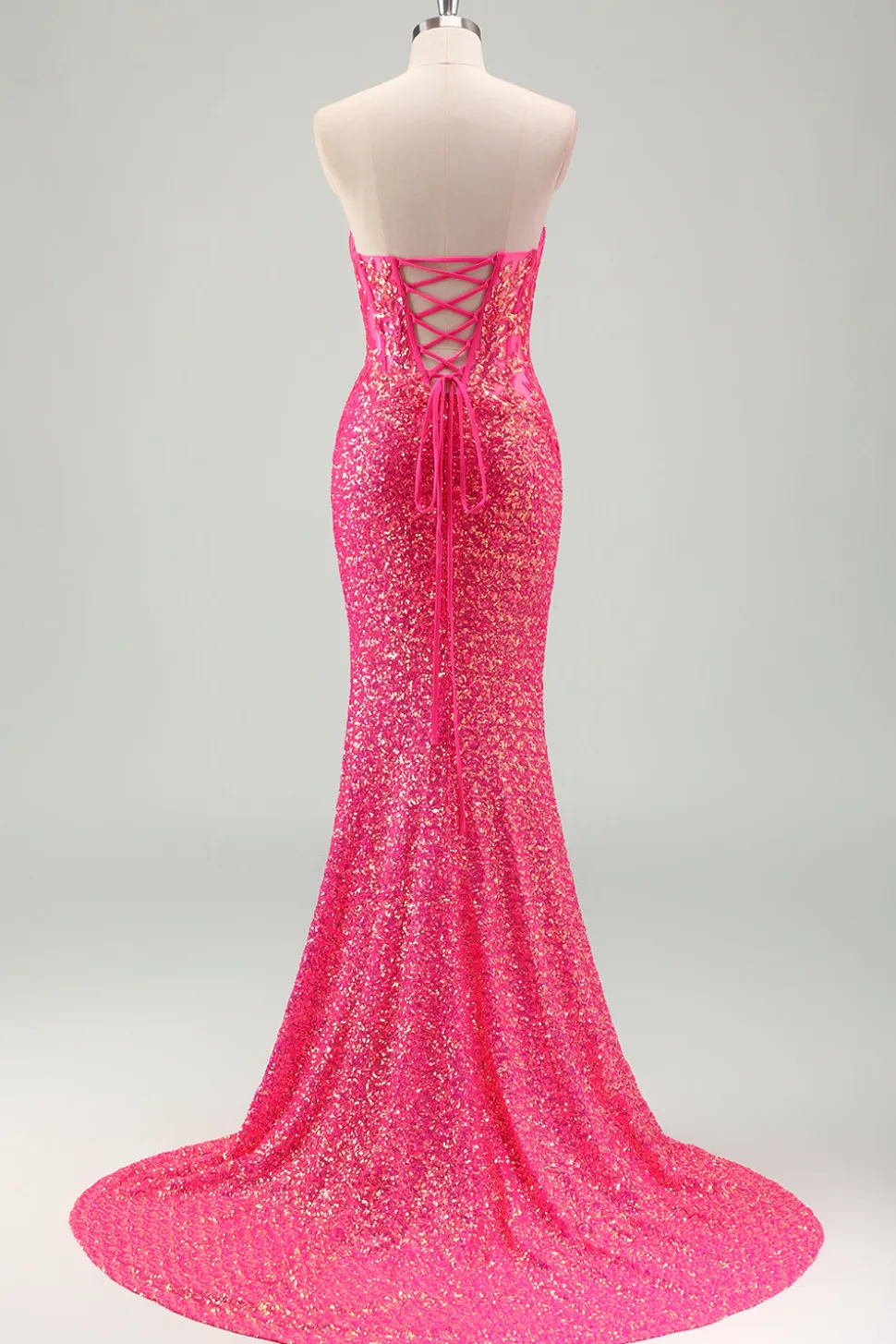 Sparkly Fuchsia Sereia Espartilho sem alças Sequins Long Prom Dress com fenda