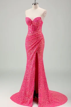 Sparkly Fuchsia Sereia Espartilho sem alças Sequins Long Prom Dress com fenda