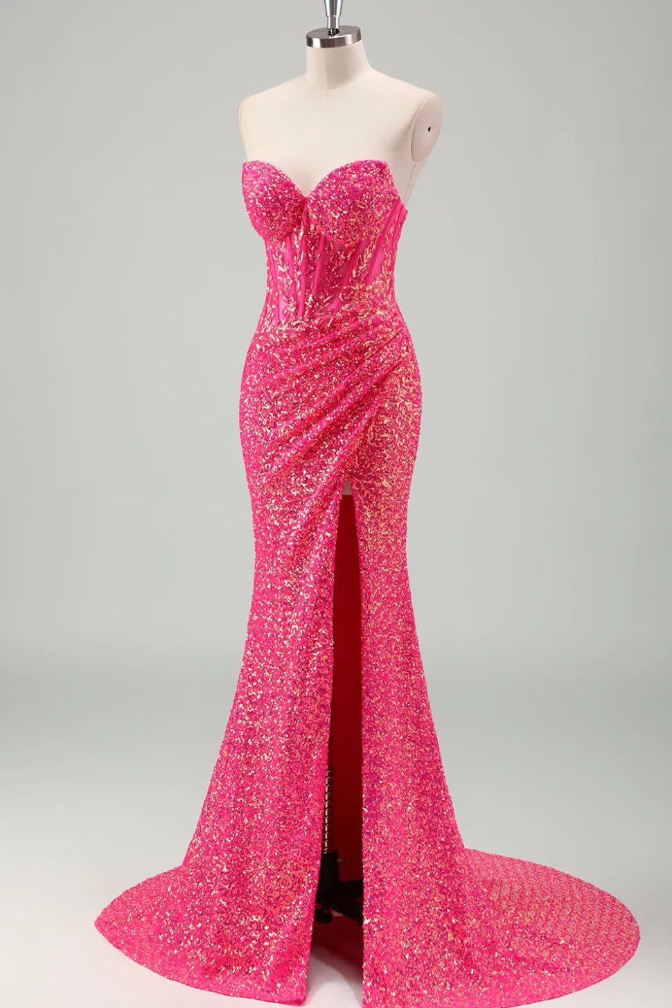 Sparkly Fuchsia Sereia Espartilho sem alças Sequins Long Prom Dress com fenda