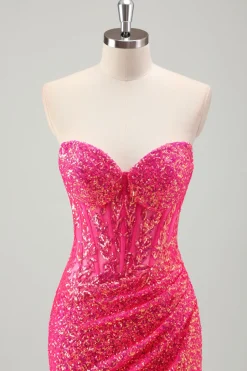 Sparkly Fuchsia Sereia Espartilho sem alças Sequins Long Prom Dress com fenda