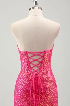 Sparkly Fuchsia Sereia Espartilho sem alças Sequins Long Prom Dress com fenda