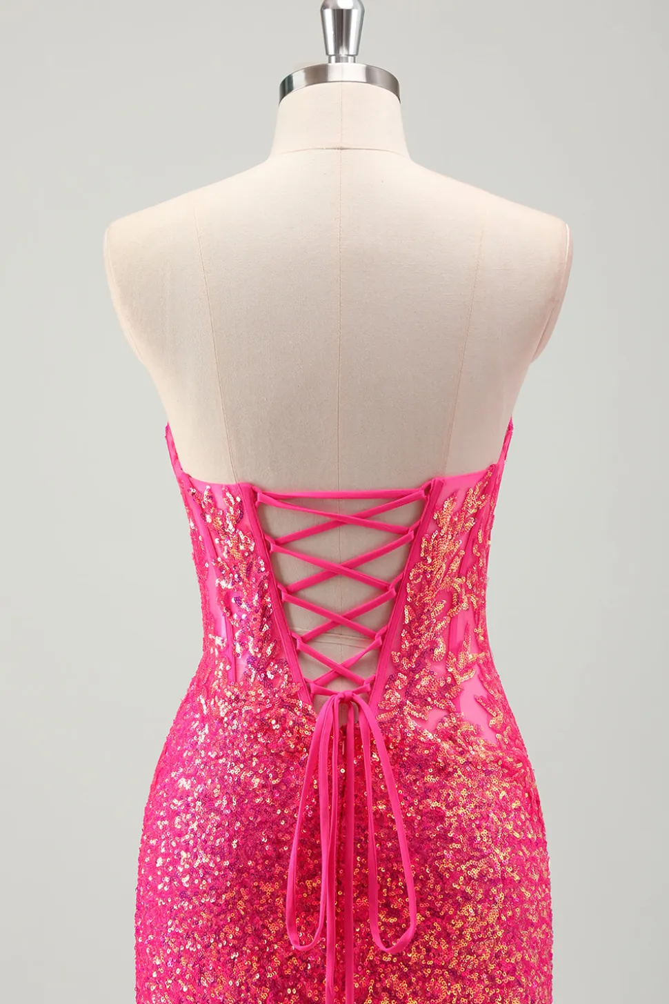 Sparkly Fuchsia Sereia Espartilho sem alças Sequins Long Prom Dress com fenda