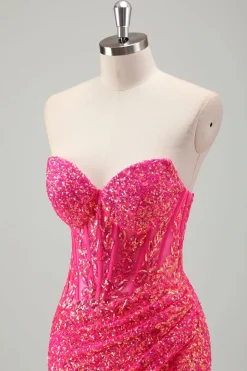 Sparkly Fuchsia Sereia Espartilho sem alças Sequins Long Prom Dress com fenda