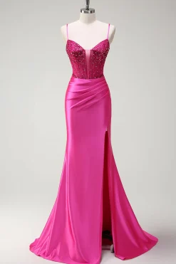 Sparkly Fuchsia Sereia Esparguete Correias Corespartilho Cetim Long Prom Dress com Fenda