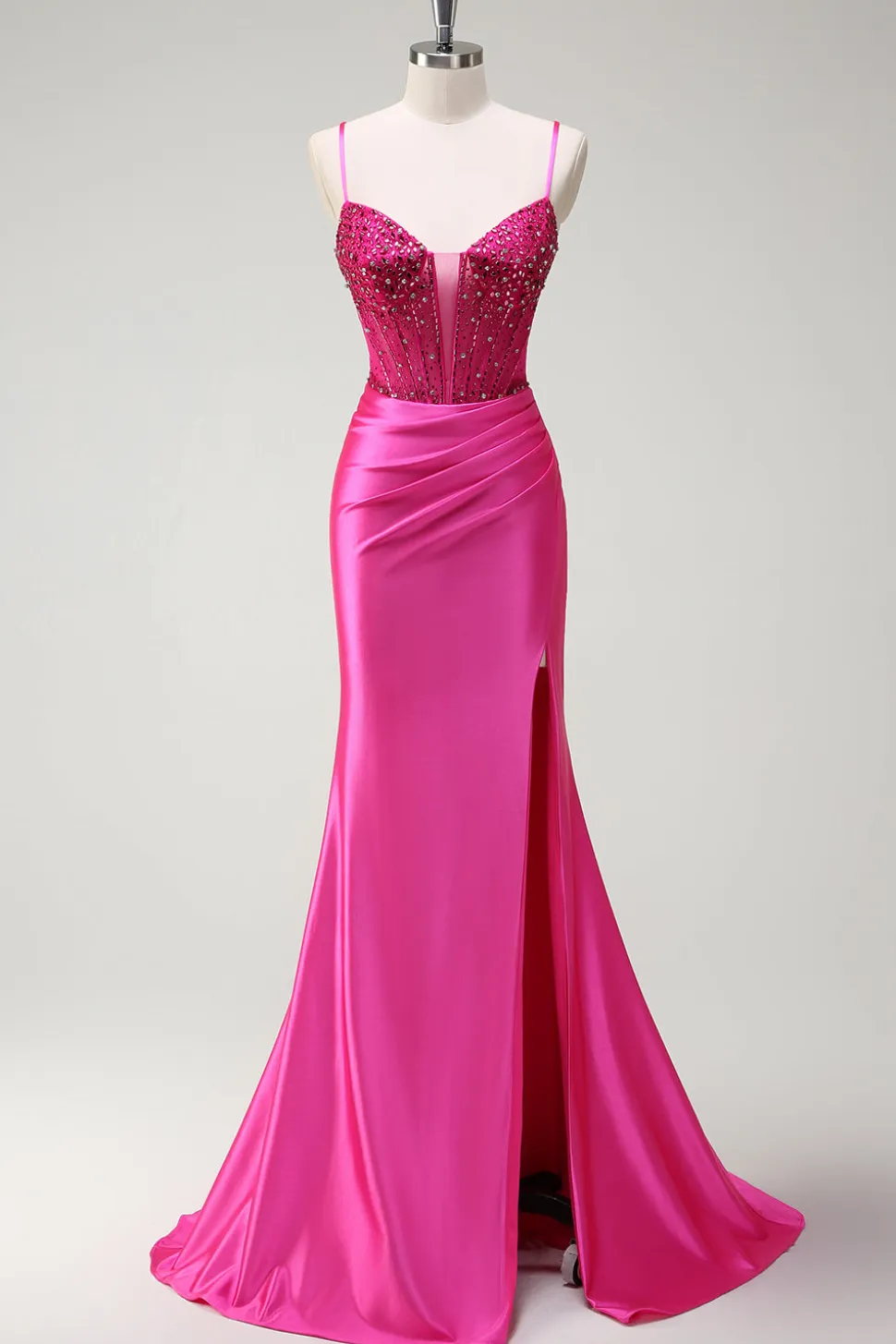 Sparkly Fuchsia Sereia Esparguete Correias Corespartilho Cetim Long Prom Dress com Fenda