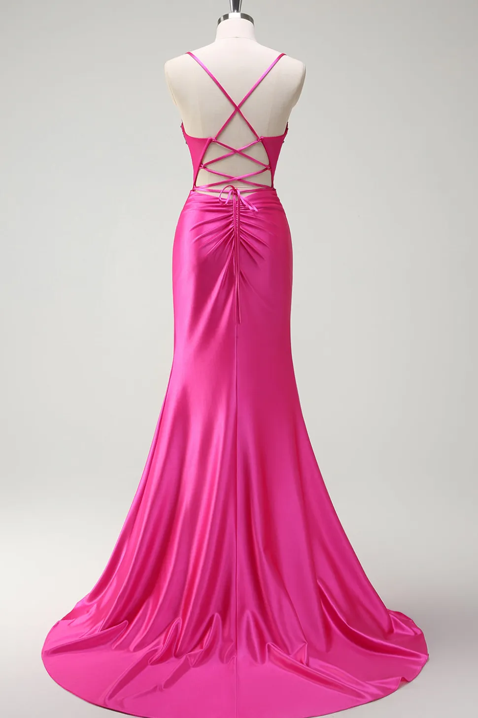 Sparkly Fuchsia Sereia Esparguete Correias Corespartilho Cetim Long Prom Dress com Fenda