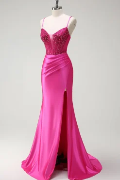 Sparkly Fuchsia Sereia Esparguete Correias Corespartilho Cetim Long Prom Dress com Fenda