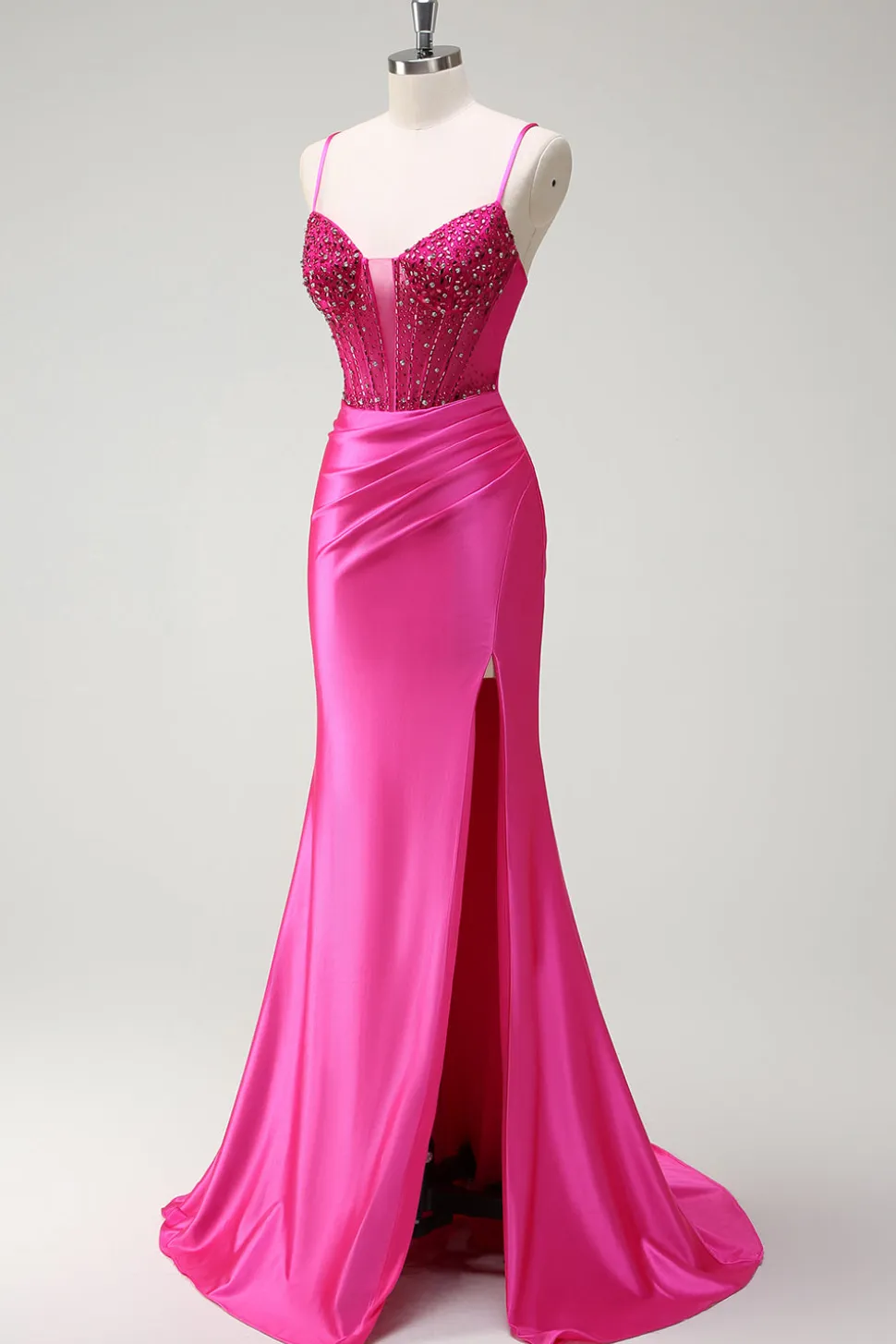 Sparkly Fuchsia Sereia Esparguete Correias Corespartilho Cetim Long Prom Dress com Fenda