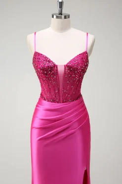 Sparkly Fuchsia Sereia Esparguete Correias Corespartilho Cetim Long Prom Dress com Fenda
