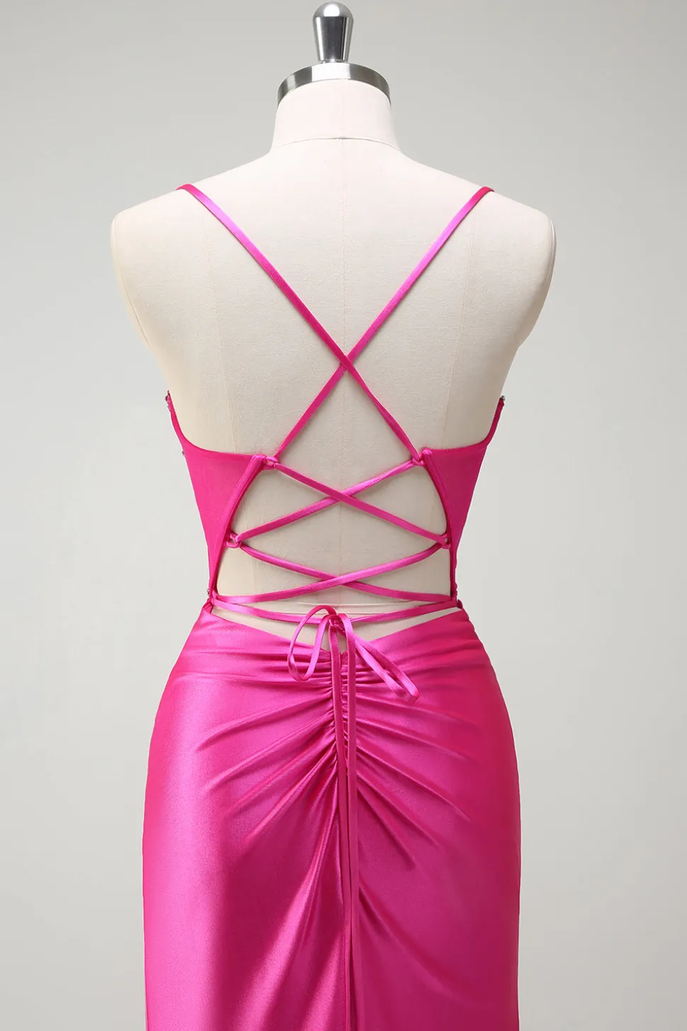 Sparkly Fuchsia Sereia Esparguete Correias Corespartilho Cetim Long Prom Dress com Fenda