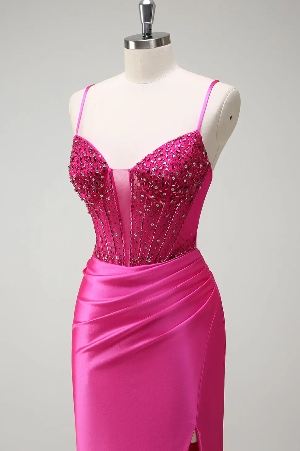 Sparkly Fuchsia Sereia Esparguete Correias Corespartilho Cetim Long Prom Dress com Fenda