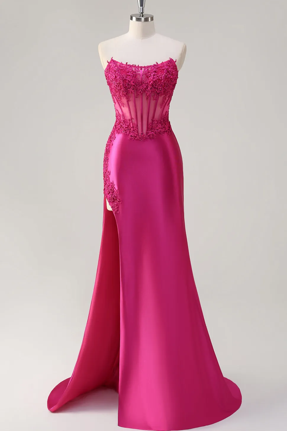 Sparkly Fuchsia Sereia Espartilho sem alças Appliques Long Prom Dress with Slit