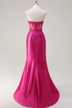 Sparkly Fuchsia Sereia Espartilho sem alças Appliques Long Prom Dress with Slit