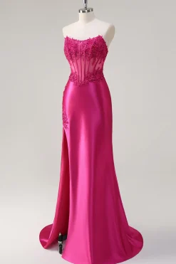 Sparkly Fuchsia Sereia Espartilho sem alças Appliques Long Prom Dress with Slit