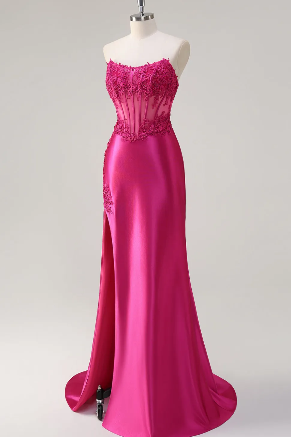 Sparkly Fuchsia Sereia Espartilho sem alças Appliques Long Prom Dress with Slit