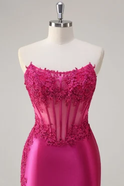 Sparkly Fuchsia Sereia Espartilho sem alças Appliques Long Prom Dress with Slit