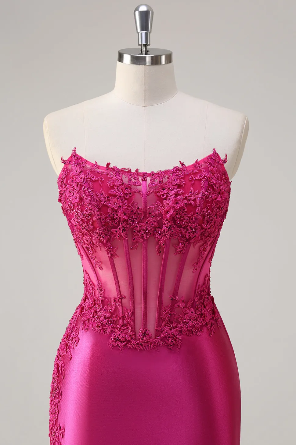 Sparkly Fuchsia Sereia Espartilho sem alças Appliques Long Prom Dress with Slit