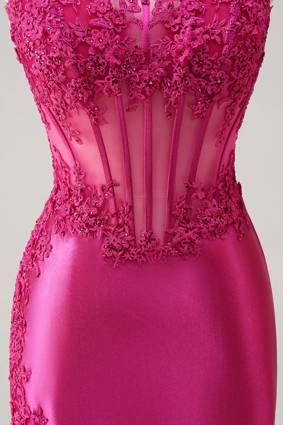 Sparkly Fuchsia Sereia Espartilho sem alças Appliques Long Prom Dress with Slit