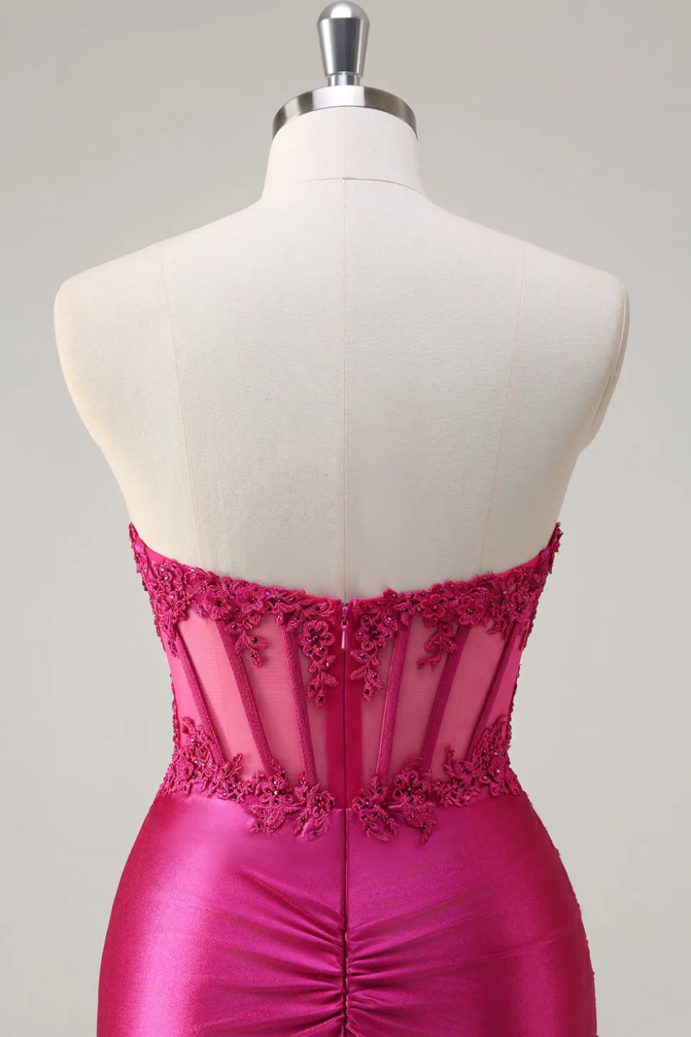 Sparkly Fuchsia Sereia Espartilho sem alças Appliques Long Prom Dress with Slit