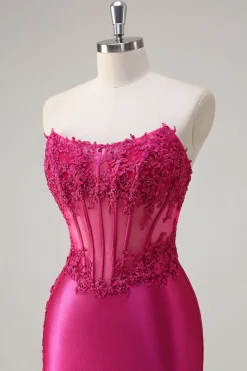 Sparkly Fuchsia Sereia Espartilho sem alças Appliques Long Prom Dress with Slit