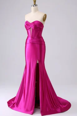 Sparkly Fuchsia Sereia Querida Corset Long Prom Dress com Fenda