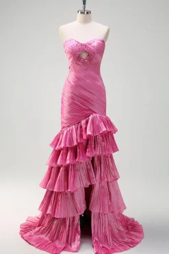 Sparkly Fuchsia Sereia Strapless Beaded Ruched Ruffles Long Prom Dress com Fenda