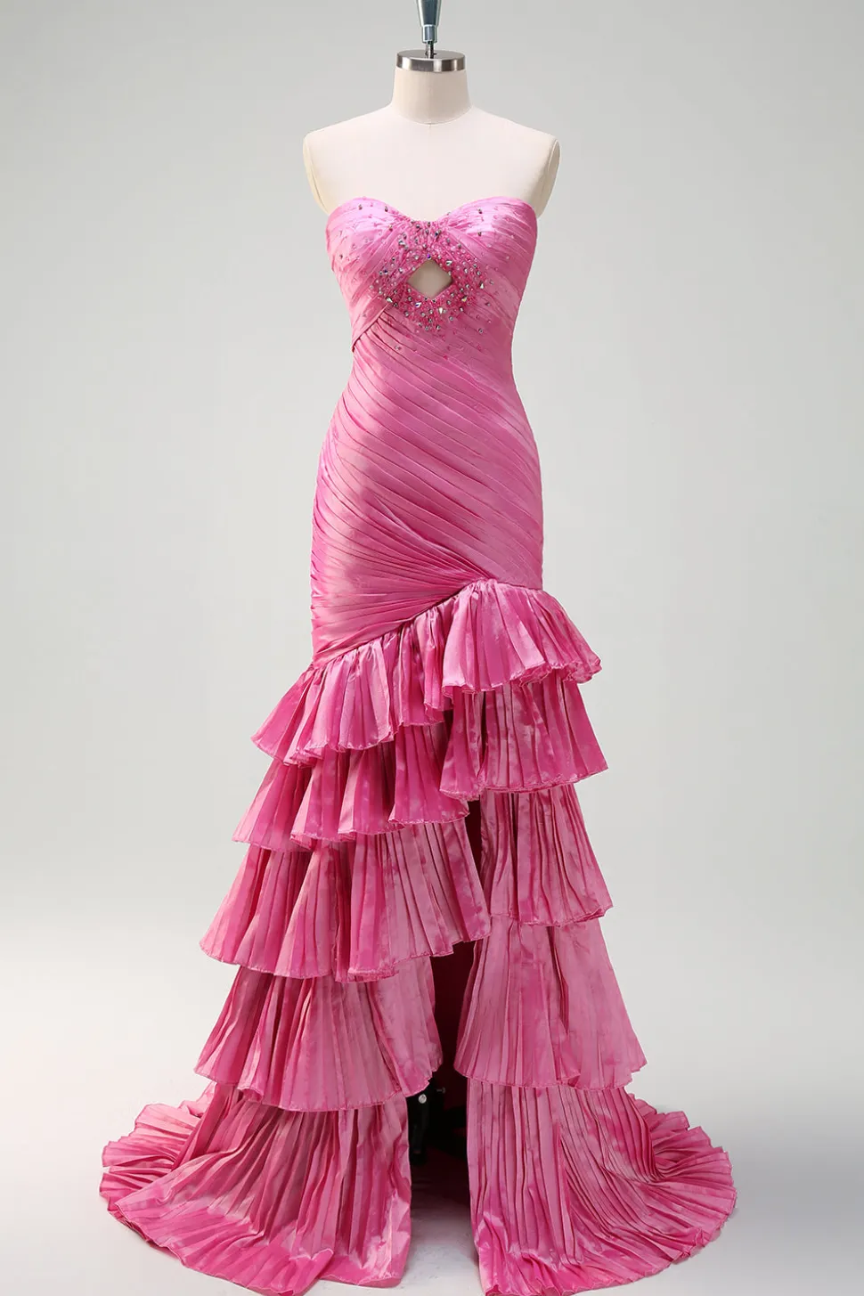 Sparkly Fuchsia Sereia Strapless Beaded Ruched Ruffles Long Prom Dress com Fenda