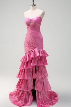 Sparkly Fuchsia Sereia Strapless Beaded Ruched Ruffles Long Prom Dress com Fenda