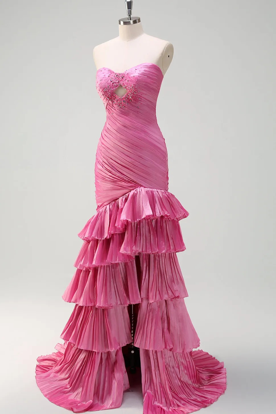 Sparkly Fuchsia Sereia Strapless Beaded Ruched Ruffles Long Prom Dress com Fenda
