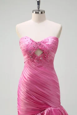 Sparkly Fuchsia Sereia Strapless Beaded Ruched Ruffles Long Prom Dress com Fenda