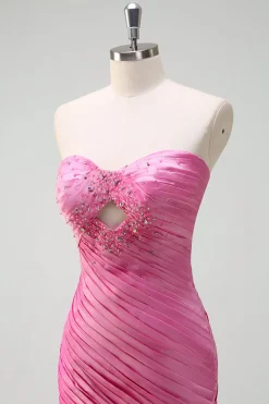 Sparkly Fuchsia Sereia Strapless Beaded Ruched Ruffles Long Prom Dress com Fenda