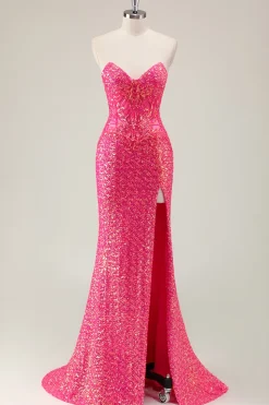 Sparkly Fuchsia Sereia Strapless Long Prom Dress com Fenda