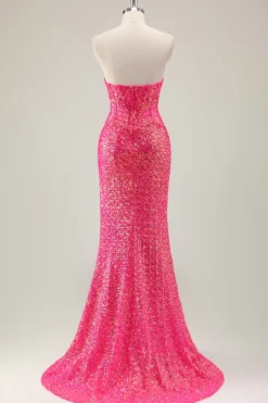 Sparkly Fuchsia Sereia Strapless Long Prom Dress com Fenda