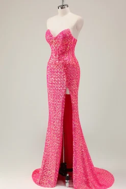 Sparkly Fuchsia Sereia Strapless Long Prom Dress com Fenda