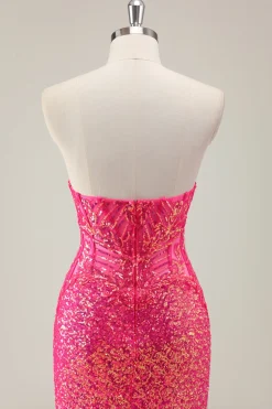 Sparkly Fuchsia Sereia Strapless Long Prom Dress com Fenda