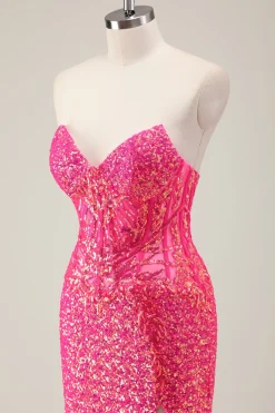 Sparkly Fuchsia Sereia Strapless Long Prom Dress com Fenda